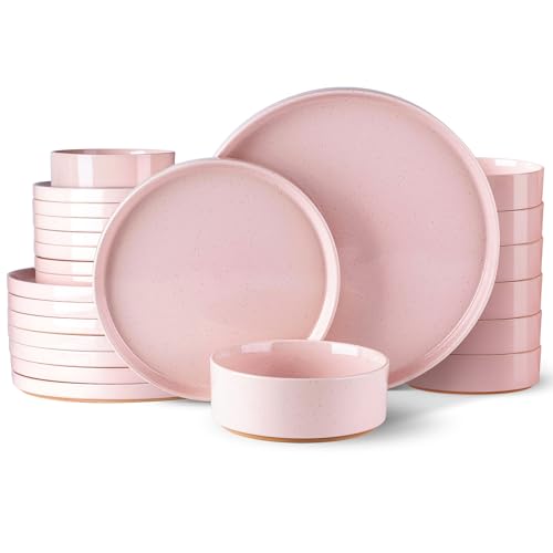 AmorArc Ceramic Dinnerware Set for 8 | Speckled Stoneware Plates and Bowls with Rustic Terracotta Underside| Scratch Resistant,Dishwasher & Microwave Safe Dishes Sets- 24pcs Pink by AmorArc - Used condition - US$93.71