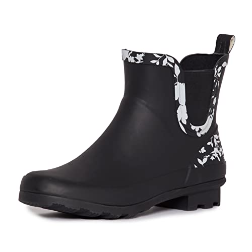 Laura Ashley Ladies Mid Cut Ankle Height Rubber Snow and Rain Boots, Black Floral, 9