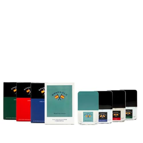 SPAGNOLO - Colonias Hombre, Pack de 4 x 30 ml, Mediterráneo + Agua Fresca + Esencia + Sport, Formato Viaje en Spray, Perfume Hombre, Eau de Toilette Natural y Masculina, Aroma Amaderado