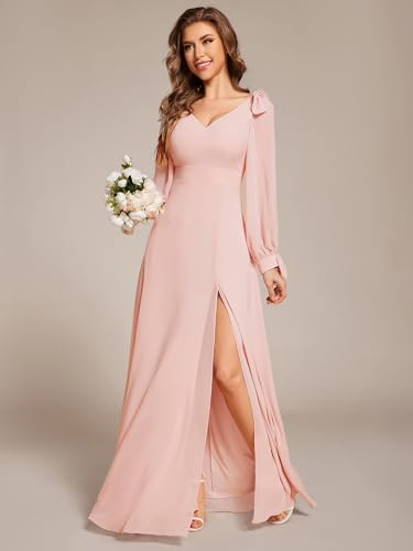 Image of Ever-Pretty Women's Fall Winter Formal Wedding Guest Dress Long Sleeve V Neck Chiffon Floor Length Bridesmaid Dresses 80116
