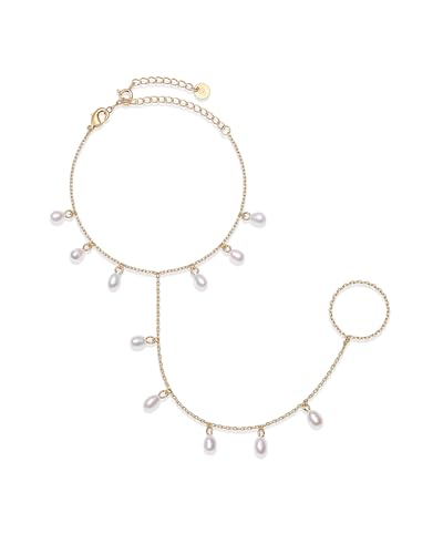 Image of PAVOI 14K Gold Plated Hand Chains for Women - Adjustable Hand Chain Bracelet and Ring - Trendy Gold Handchain Bracelet Stack Summer Jewelry - Beads, Pearl, and Cubic Zirconia Body Jewelry