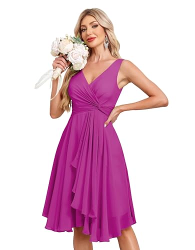 Image of Women's V Neck Short Bridesmaid Dresses 2025 Ruched Waist A Line Chiffon Formal Cocktail Party Dress