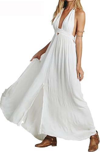 Image of R.Vivimos Boho Maxi Dresses for Women 2026 Summer Sleeveless Halter Elastic Waist Sexy Backless Front Slit Flowy Long Dresses