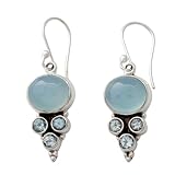 NOVICA Artisan Handmade Blue Topaz and Chalcedony Dangle Earrings | Light Gemstone | Sterling Silver Settings | India Serenity Birthstone | 'Bubbling Stream' | 1.6 in L x 0.5 in W