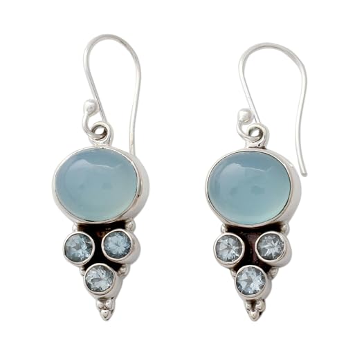 NOVICA Artisan Handmade Blue Topaz and Chalcedony Dangle Earrings | Light Gemstone | Sterling Silver Settings | India Serenity Birthstone | 'Bubbling Stream' | 1.6 in L x 0.5 in W