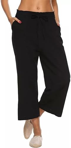 LNX Womens Linen Capri Pants Wide Leg High Waisted Drawstring Casual Cropped Pants with Pockets Black