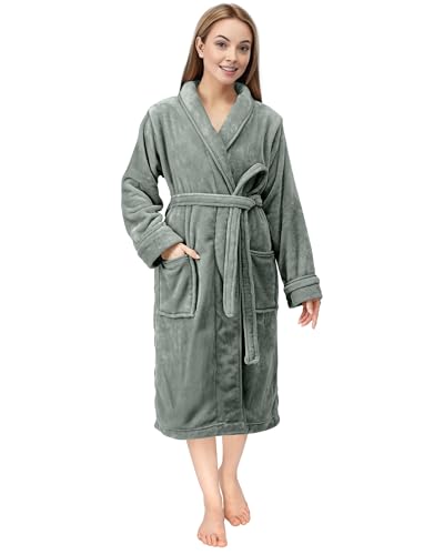 NY Threads Luxury Womens Dressing Gown Super Soft Fleece Bath Robe Cozy Shawl Collar Loungewear and Nightwear Medium Steel Grey
