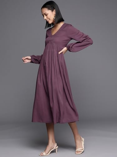 Image of Varanga Women Mauve V-Neck, Bishop Sleeves, Gathered Details Calf Length A-Line Dress, Flared Hem