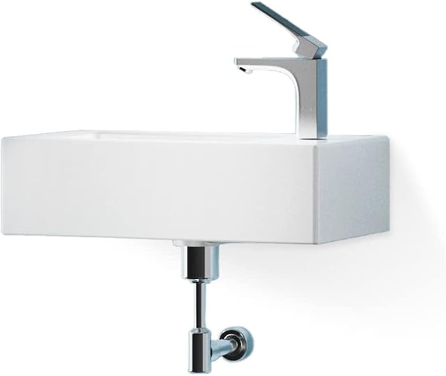 AMASHEN Cloakroom Basin Small Wall Hung Corner Sink Ceramic Bathroom Wash Basin with Overflow and Tap Hole 31 x 20 cm Bowl (Right Hand)