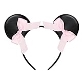 Batsysm PU Leather Black Mouse Ear Headband with Satin Bow, Fashion Hairband for Amusement Park Party Women Girls