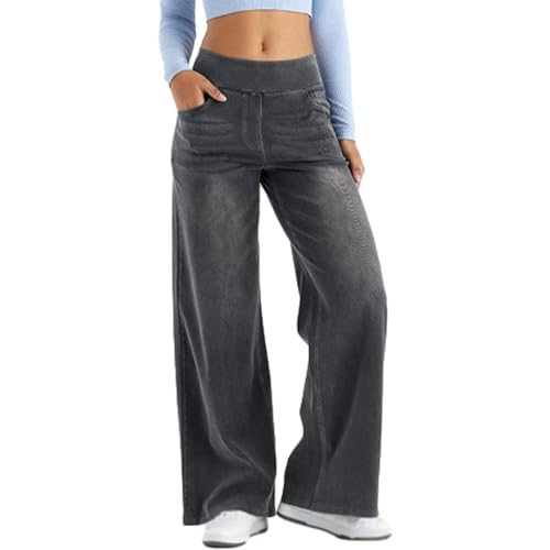 Grevela Pull Up Jeans, Women's High Waist Stretch Wide Leg Denim Pants with Tummy Control & Pockets