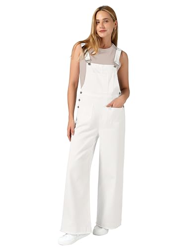 roswear Womens Denim Overalls Loose Fit Stretchy Baggy Overall Bib Wide Leg Casual Jean Jumpsuits Linen White X-Large
