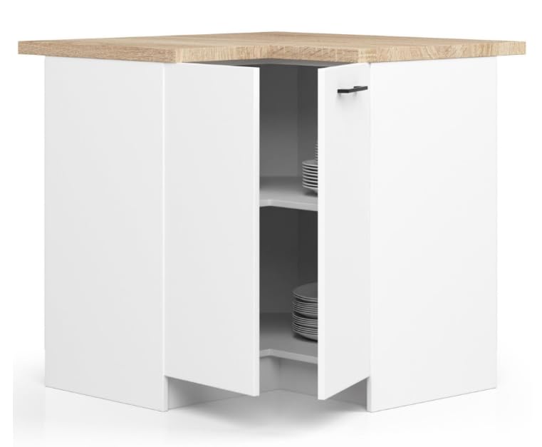 BDW - Armoire d'Angle de Cuisine Avec Portes et Plan de Travail - 90 cm de Large, 85 cm de Haut - Meuble Individuel (Blanc)