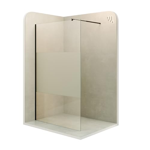 MOMENTS OF GLASS Mampara de Ducha, Panel Fijo, Walk In Fiona 100x200 cm - Vidrio de Seguridad Templado Parcialmente Satinado de 10 MM, Barra Estabilizadora y Perfil de Pared de Inox Negro