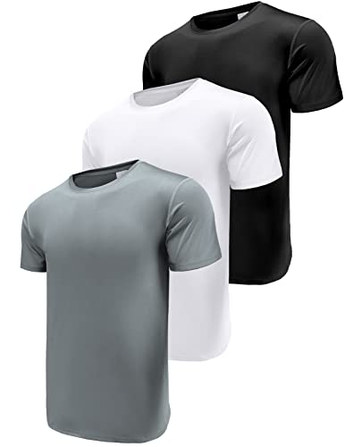3 Pack T Shirts for Men, Moisture Wicking Dry-Fit Short Sleeve T-Shirts, Athletic Running Gym Workout Sports Tee Tops Black/White/Grey-3P11-S