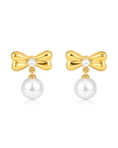 Tiraviksen Gold Bow Earrings for Women Trendy Stuff Bow Pearl Drop Dangle Earrings Cute Preppy Stuff Things Valentines Christmas Birthday Gifts