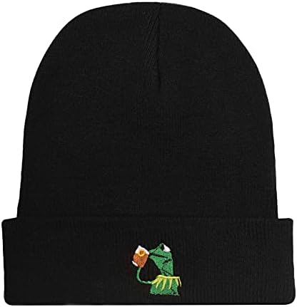 Winter Kermit The Frog Sipping Tea Beanie Warm Comfortable Soft Oversized Thick Cable Knitted Hat Unisex Knit Caps-Black