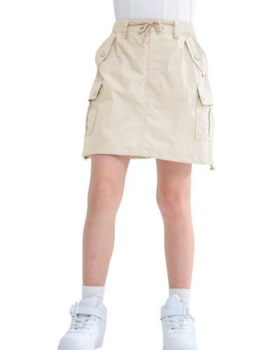 Rolanko Faldas para Niñas Pantalones Cortos Interiores con Bolsillos, Paracaídas Ajustable Cargo Sport Skort con Cintura Elástica, Beige, Talla: 6-7 años/130
