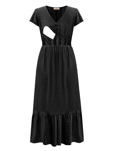 Image of CzzzyL Women Nursing Boho Maxi Dresses Cap Short Sleeve V Neck Swiss Dot High Waisted A-Line Ruffle Tiered with Pockets