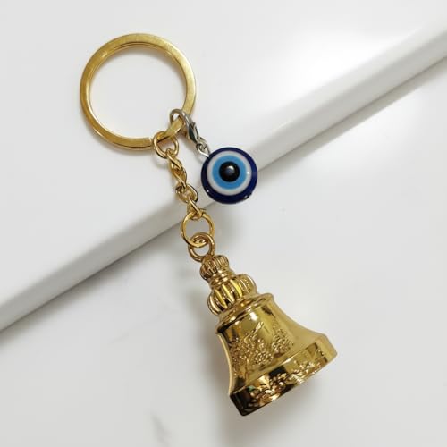 Image of Gold Guardian Bell For Bike Keychain with Evil Eye Charm - Good Luck Motorcycle Bell for Riders | Protective Biker Gift for Men, Women, Friends & Loved Ones | (Shiny Golden with Evil Eye)