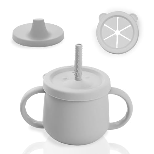 PICOCACA | Vaso de Aprendizaje Bebé 4 en 1 | Taza Infantil con Pajita, Boquilla, Recipiente para Snacks y Asas (Gris)