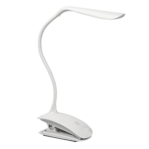 LED Desk Lamp Clamp [2-in-1] USB Rechargeable Dimmable Portable Lightweight Gooseneck Clip Lamp with Sensitive Touch Button and 14 Long Life LED for Bedside Reading Study White