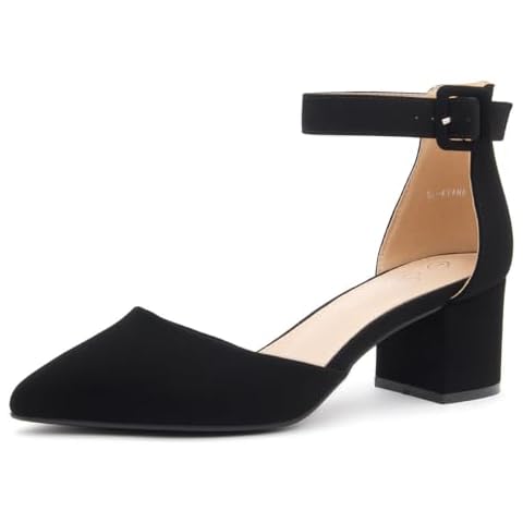 Shoe Land SL-Kyana Women’s Closed Toe Heels Low Block Chunky Heels Pumps Black Red Pointed Toe Heels for Women Ankle Strap Heeled Dress Shoes for Work Business Office Wedding, 2301BlackNubuck,Size6.0 Cover