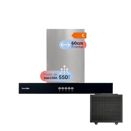 UNIVERSALBLUE Campana T Decorativa con Frontal en Cristal Negro | Potencia 550 m³/h | Extractor de Humos Eléctrico de 60cm | Campana Extractora Decorativa de Pared para Cocina