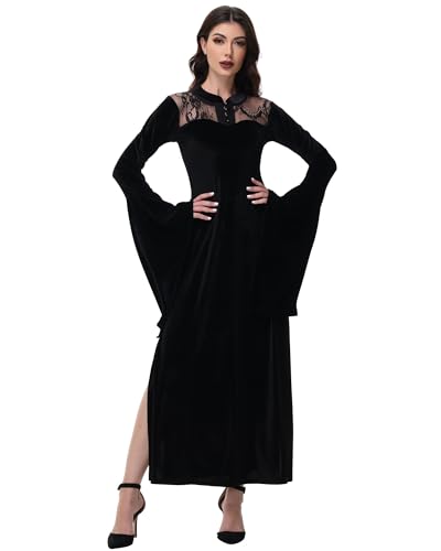 Long Flare Sleeve Dress Lace Cutout Black Split Goth Vintage Dress Clothes XS-2XL2