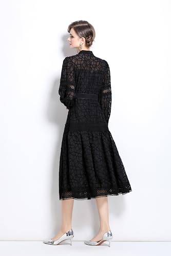 Image of LAI MENG FIVE CATS Women's Round Neck Lantern Sleeves Embroidery Button Layered Lace Hem Midi Dress with Belt
