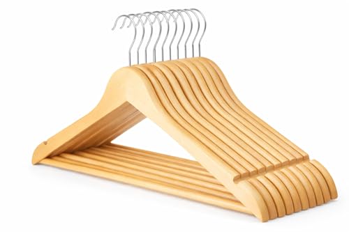 1ABOVE 10 Pack Grade-A Natural Wooden Coat Hangers with Non-Slip Trouser Bar & Shoulder Notches Heavy-Duty Strong Wood Clothes Hangers for Suits Jackets Dresses & Pants