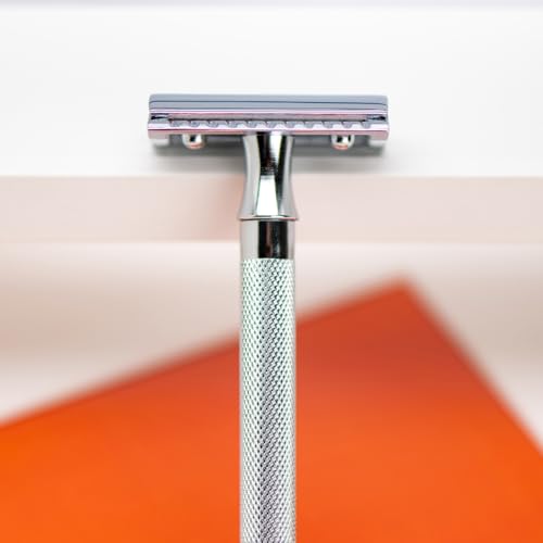 Image of MERKUR 24C Safety Razor For Women with 10 Double Edge Blades | Extra Long Handle | Three-piece Razor | Straight Cut | Bright Chrome Finish | Made in Germany