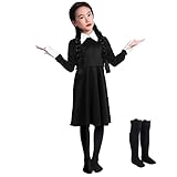 Wigood Wednesday Costume Girls Dress for Kids Addams Costumes Halloween Cosplay Party Dress with High Socks 3-12 Years