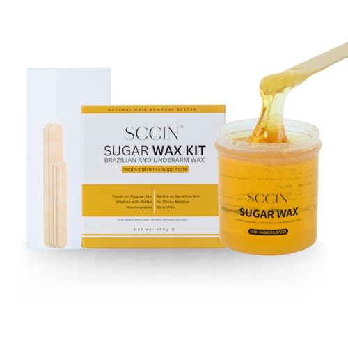 SCCIN Natural Sugar Wax Hair Removal Kit 450G with 20 Washable Strips and 4 Wooden Spatulas. Microwavable Depilatory Wax Jar. Hypoallergenic Sensitive Skin. Bikini Brazilian & Coarse Hair Removal