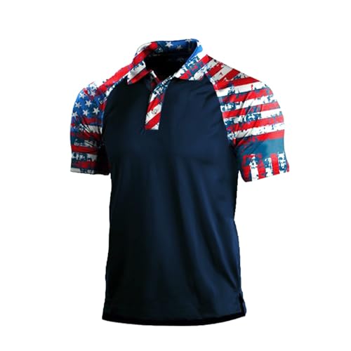 H HYFOL Short Sleeve Polo Shirts for Men Star Patchwork Graphic Stretch Casual American Patriotic Raglan Golf Polos for Men(Blue,XL)