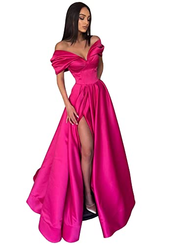 Women's Satin Prom Dresses with Pockets Ball Gowns Long Slit Maxi Evening Gown Off Shoulder Formal Party Dress 2023
