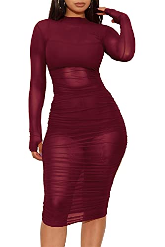 Image of Atyfuniby Women's Sexy 3 Piece Outfits Mesh See Through Ruched Midi Dresses + Crop Tank Tops + Skinny Shorts Sets Clubwear