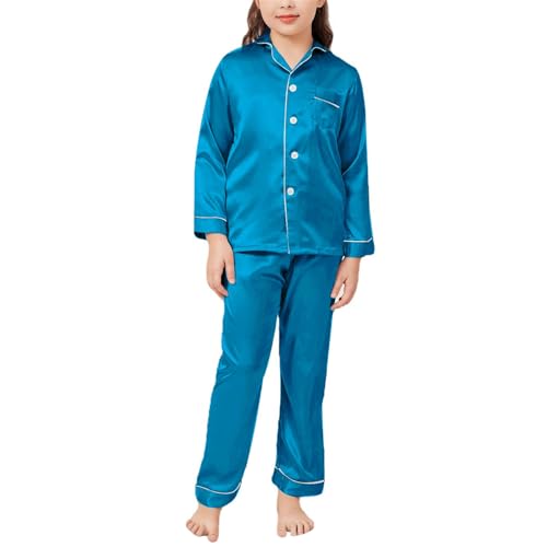 Kids Silky Satin 𝐏ajamas Sets 2pc Solid Buttons Long Sleeve Shirts with Pants 𝐏𝐉 F𝐚mily Collar Soft Sl𝐞epwear Outfits2