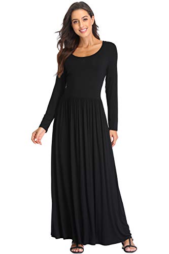 Women's Long Sleeves Maxi Dress Plain Empire Waist Casual Dress Loose Fall/Winter Dresses with Pockets4