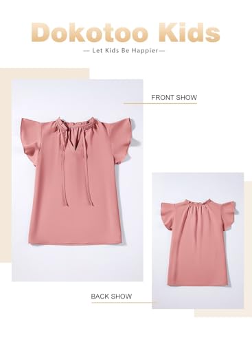 Image of DOKOTOO KIDS Girls Short Sleeve Blouse Dress Shirt Top Size 7-15 Years Old | None Elastic Fabric, Ruffle V Neck, Pull on, Solid Collared Formal, Flowy Casual Flutter Spring Summer Western Top