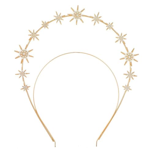 Nicear Diadema De Corona Con Halo De Diamantes De Imitación En Forma De Estrella, Tocado De Novia De Doble Capa Para Sesión De Fotos De Bodas, Festivales, Corona Elástica De Diosa (dorada)