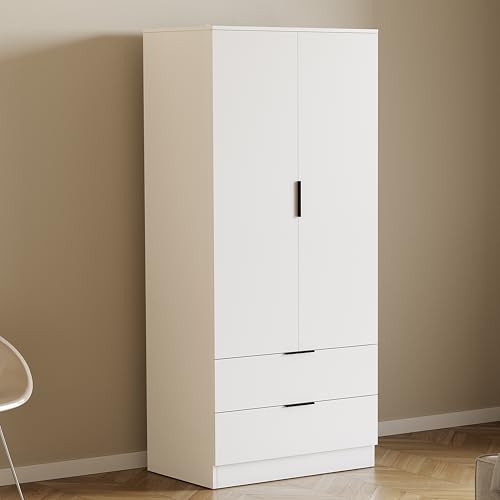 Vida Designs Trega 2 Door 2 Drawer Wardrobe White - Space-Saving Bedroom Storage Unit - 170H x 76W x 53D cm - Engineered Wood - Hanging Rail Shelves Glide Drawers - Ideal for Bedroom & Living Space