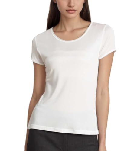 MOROUTLINE Damen-T-Shirt, Maulbeerseide, Rundhalsausschnitt, kurzärmelig, Bluse, Sommer, lässig, solide T-Shirts, Weiss/opulenter Garten, Mittel