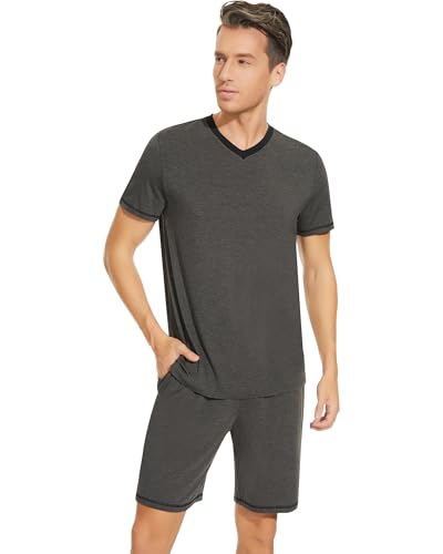 Image of NACHILA Pajamas for Men Pj Short Sleeve Sleepwear with Shorts V Neck Loungewear Cool Pajama,Viscose Made from Bamboo