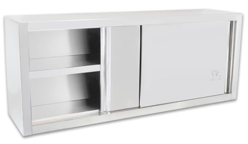 Beeketal 'BWS160' Gastro Küchen Wandhängeschrank aus Edelstahl mit auf Rollen gelagerte Schiebetüren, Hängeschrank mit fest verbautem Einlegeboden - Außenabmessungen (L/B/H): ca. 1600 x 400 x 645 mm