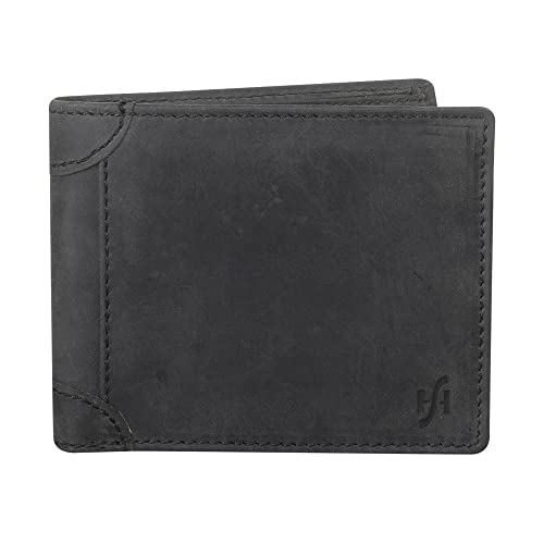 STARHIDE Men's RFID Blocking Genuine Distressed Hunter Leather Trifold Wallet Purse Credit Card Holder #1145 (Matt Black)