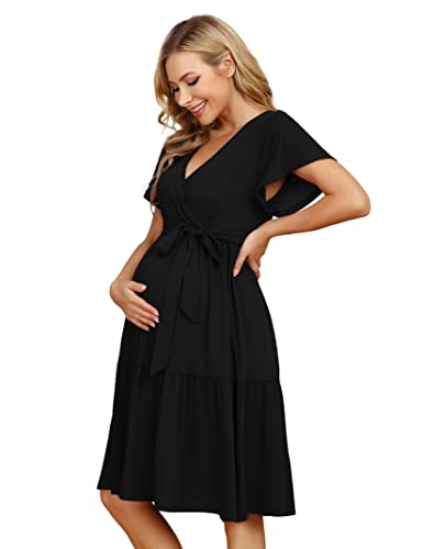 KOJOOIN Damen Umstandskleid V-Ausschnitt Stillkleid Casual Schwangerschafts Kleider mit Rüsche Schwarz1(Kurzarm) S