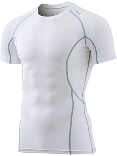 TSLA Men's Cool Dry Short Sleeve Compression Shirts, Athletic Workout Shirt, Active Sports Base Layer T-Shirts, Active(mub33) - White, Medium