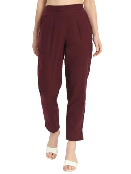 Image of Women's Solid Straight Fit 100% Cotton Trousers | High Waist, Side Pockets, Ankle Length Pants for Office, Casual