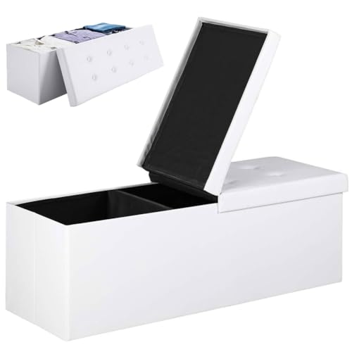BAKAJI Cassapanca Pouf Contenitore Poggiapiedi per Camera da Letto Panca Sgabello Struttura Pieghevole Rivestimento in Eco Pelle Seduta Rimovibile Imbottita Dimensione 115 x 38 x 40 (Bianco)